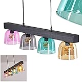 Pendelleuchte Skovde, Hängelampe aus Metall/Holz/Glas in Schwarz/Bunt, 4-flammig, 4 x E14, moderne Hängeleuchte mit Holzbalken u. bunten Glasschirmen, Höhe max. 154 cm, ohne Leuchtmittel