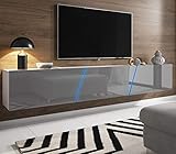 TV-Unterteil hängend oder stehend | Lowboard Space inkl. RGB Beleuchtung 240 x 35 cm (Hochglanz grau/matt weiß)