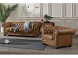 Vente-Unique - Chesterfield-Sofa, 3 + 1-Sitzer, 100% Premium-Büffelleder – Vintage-Karamell