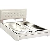 EVURU 140 * 200cm Samt Hydraulisch Polsterbett mit Lattenrost und Kopfteil Doppelbett mit 2 Schubladen Stauraumbett Holzlattenunterstützung (Beige)
