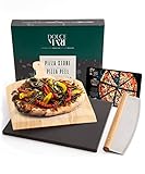 DOLCE MARE Pizzastein schwarz im Set inkl. Holz-Pizzaschieber & Pizzaschneider - Backstein aus hochwertigem Cordierit für Backofen & Grill - Backstein für knusprige Pizza wie beim Italiener