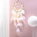 Bohemian Dekoration, Dsaren Led Traumfänger Mädchen Handgefertigt Dreamcatcher Spitze Traumfänger Federn Weiß für Gute Träume Wandbehang Auto Raum Mädchen Kreatives Geschenk (Lila)