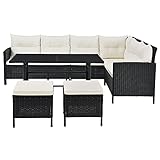 Juskys Polyrattan Lounge Manacor schwarz — Gartenlounge mit Sofa, Tisch, 2 Hocker & Kissen — Gartenmöbel Set bis 7 Personen — Sitzbezüge in Creme