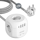 LENCENT 4 Fach Steckdosenleiste Steckdosenwürfel Mehrfachsteckdosen 8 in 1 Cube Steckdose Steckerleiste mit 3 USB, 1 Typ-C, USB Mehrfachstecker mit 2 Meter Geflochtenem Kabel für Wandsteckdose