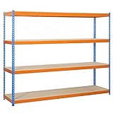 PROREGAL Weitspannregal Wood Yeti Four | HxBxT 200x180x45cm | Fachlast 400kg | Blau-Orange Schwerlastregal Metallregal Kellerregal Werkstattregal Lagerregal