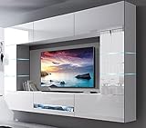 Furnitech Future C62 Wohnzimmer Wandschrank Möbel Schrankwand Hochglanz Wohnwand Mediawand mit LED Beleuchtung (LED RGB (16 Farben), 62/HG/W/2 1B)