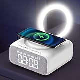 AXFEE Digitaler Radiowecker aus Holz mit Kabelloser Ladestation, 15W Wireless Charger for iPhone/Samsung Galaxy, LED Display mit 6-stufiger Dimmer, Bluetooth-Lautsprecher, Uhrenradio ohne Ticken, Weiß