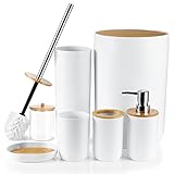 JOTOM 7 Stück Bambus Badezimmer Zubehör Badezimmer Zubehör Set Luxus Modern Bad Set Zahnbürstenhalter Becher Qtip Halter Toilettenbürste Set Seifenschale Mülleimer Seifenspender (weiß)