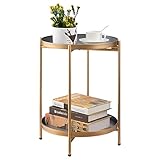 HollyHOME Runder Beistelltisch, 2 Ebenen Beistelltisch Metalltablett, Snacktisch, Couchtisch, Teetisch, Nachttisch, Sofatisch für Wohnzimmer Schlafzimmer Balkon Terrasse, Grau&Goldener