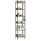 EUGAD Bücherregal mit 6 Ebenen, Standregal industriell, freistehendes Regal, Aufbewahrungsregal für Büro Wohnzimmer Schlafzimmer Küche,mit 4 Haken, Schwarz +Vintage Holzoptik, 40x30x187cm