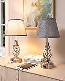 EDISHINE LED Nachttischlampe Touch Dimmbar 2er Set, Tischlampe Modern, Lampe mit Ladefunktion, 2 USB Anschlüsse, für Deko Schlafzimmer, Wohnzimmer, Fensterbank, Geschenk, Lampenschirm Leinen, Grau