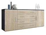 Vladon Sideboard Faro V2, Kommode mit 2 Türen und 4 Schubladen, Schwarz matt/Eiche Sägegrau (166 x 72 x 35 cm)