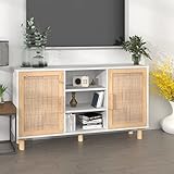 RAUGAJ Sideboard weiß 105x30x60 cm Massivholz Kiefer und Rattan natur Artikelfarbe weiß