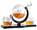 Jillmo Dekanter, Globe Whiskey Dekanter Set mit Gläsern und Holzhalter, perfektes Whiskey Geschenk für Männer, 1000 ml