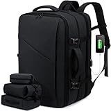 LOVEVOOK 30-40L Handgepäck Rucksack, Supergroßer erweiterbar Reiserucksack Flugzeug, Laptop Rucksack für 17 Zoll Herren Damen, Flug genehmigt Rucksack Anti-Diebstahl mit codiertes Schloss, Schwarz