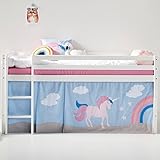 Hoppekids Mädchen Bett 90x200 / Jungen Bett mit Einhorn-Vorhang | Kinderbett/Bett Mädchen | Bett für Mädchen und Jungen | Massives Kiefernholz