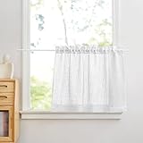 PONY DANCE Scheibengardinen Küche Halb Gardinen Kurz Fenster Vorhänge Weiss Halbtransparent Bistrogardine Leinenoptik Gardinen für Wohnmobil Vorhang mit Stangedurchzug 1er Set H 60 x B 90 cm