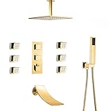 Thermostatisches Gold-Duschkombinations-Duscharmatur-Set Für Die Deckenmontage Mit Duschkopf, Handbrause, Wasserfall-Badewannenarmatur, Körperdüsen, 12 Zoll