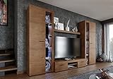 Furnix Wohnwand Riva XL Mediawand Holz Wohnzimmer 4-TLG Komplett-Set mit LED - TV Lowboard, Highboard Vitrine, Wandregal - Modern Freistehend - B 300 x H 190 x T 40,2 cm, Farbe Lefkas Eiche