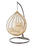 Kideo Komplettset: großer Hängesessel mit Gestell & Kissen, XXL Korbsessel, Poly-Rattan, (Korb: beige & Gestell: braun, Kissen: Hellbraun Nest (7007_capucchino))