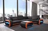 Ecksofa Verona Ledersofa L Form Sofa - mit LED Beleuchtung, verstellbare Kopfstützen/Lederfarben wählbar/Ausrichtung wählbar (Ecke rechts, Schwarz-Orange)
