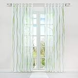 HongYa 1er-Pack Voile Gardine Transparenter Vorhang mit Schlaufen Wellen Druck H/B 225/140 cm Creme Grün