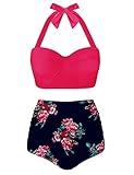 CZIMOO Damen Bikini Set Neckholder Jahrgang Bademode High Waist Zweiteiliger Badeanzüge Sommer Strand Geblümt Push Up Bikini Rosa L