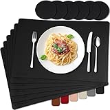 MAHEWA® 6er Set Premium Tischset Platzset aus Leder-Imitat rutschfest Ab-waschbar und Waschmaschinenfest Eckige Platzdeckchen Teller-Untersetzer Filzset Tisch-Matten Platz-Matten Schwarz