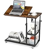 COSTWAY Laptoptisch mit höhen- und neigungsverstellbar, 3 Ebenen Beistelltisch Vintage, C-förmiger Sofatisch für Wohnzimmer & Schlafzimmer, auf Rollen, 80 x 40 x 95 cm, braun