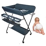 Baiyun Baby Wickelkombi Wickelkommode, Mobile Wickeltisch Klappbar, mit Wickelauflage, Sicherheitsgurt, Ablagefächern, süßem Muster und Höhenangabe, Stabil und Bequem (Blau-Tief)