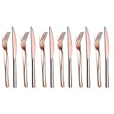 Kupfer Steak Besteckset 12-Teilig, Premium Edelstahl 6 Tafelgabeln und 6 Tafelmesser Set, Steakmesser Steakgabeln für 6 Personen, Spülmaschinenfest (Glanzendes Kupfer)