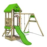 FATMOOSE Spielturm Klettergerüst FriendlyFrenzy Fun XXL mit Schaukel & apfelgrüner Rutsche, Outdoor Kinder Kletterturm mit Sandkasten, Leiter für den Garten
