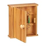 Relaxdays Schlüsselkasten Bambus-Holz, 6 Haken, Magnetverschluss, Schlüsselschrank für die Wand, HBT 20,5x18x6cm, Natur