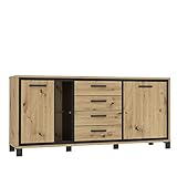 FORTE Trondheim Kommode mit 2 Türen und 4 Schubladen, Holzwerkstoff, Artisan Eiche kombiniert mit Schwarz Eiche,74,7 x 81,3 x 177,4 cm