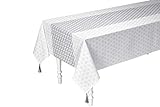 Heine Home Tischdecke Tischtuch Festlich weiß-Silber Druck mit Quasten 100% Baumwolle, Größe:130 x 170 cm