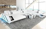 Sofa Apollonia XXL U Form Wohnlandschaft Leder Couch mit LED Ledersofa mit Ottomane und Kopfstützen (Ottomane Links, Weiß-Schwarz)