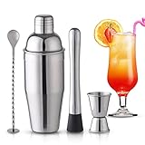 Wikimo Edelstahl Cocktail Shaker mit Bar Zubehör, 750ml Cocktail Mixer Set für Zuhause Bar, mit Shaker, Messbecher, Löffel, Stößel