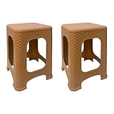 Rammento 2er Set Hocker in Rattan-Optik in Hellbraun – strapazierfähiger stapelbarer Kunststoffhocker – perfekt für den Innen- und Außenbereich, Küchenhocker, Gartenstühle, Terrassensitze – 2