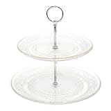 Dekohelden24 Etagere aus Glas, zweistöckig, silberner Etagerenstab, Glasteller mit Muster, Größe: H/Ø ca. 25 x 25 cm