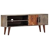 Vintage TV Schrank TV Board Wohnzimmer Schlafzimmer TV Lowboard Fernsehtisch Fernsehschrank mit 2 Türen und 2 offenen Fächern, Grau 130x30x46 cm Raues Mango-Massivholz