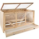 TecTake 403230 Nagerkäfig aus Holz mit Häuschen, Bewegungsfreiheit durch mehrere Etagen, aufklappbares Dachgitter, Schaufenster aus Kunststoffglas