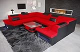 Sofa Wohnlandschaft Brianza - mit LED Beleuchtung, verstellbare Kopfstützen, Mikrofaser/Ausrichtung wählbar (Lange Seite Links, Schwarz-Rot)