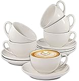 Cappuccino Tassen 6er Set aus Keramik Weiß - Mit Untertassen - Hält Lange warm - Spülmaschinenfest - 180ml