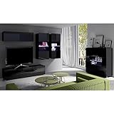 Lomadox Wohnwand Anbauwand schwarz Hochglanz 5-teilig Modern, mit 1 TV-Lowboard, 1 Hängeschrank, 2 Hängevitrinen mit Beleuchtung, 1 Highboard