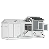 Pawhut Hühnerstall Hühnerhaus mit Nistkasten Hühnervoliere mit Rädern und Griff Gehege Geflügelstall Winterfest Tannenholz PVC Grau+Weiß 247 x 90 x 114 cm