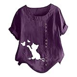 Tops Damen Schwarz Damen Sommer Große Baumwolle Leinen Kurzarm Knopf Top Rundhals Einfarbig Bedrucktes T-Shirt Für Damen