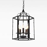 LSRADU Vintage Eisen während Kronleuchter schwarz Esszimmer während Licht Bar Café 4 Lichter Kerzenständer Glas Lampenschirm Deckenlampe höhenverstellbar Deckenleuchten-Schwarz 35 * 52 cm