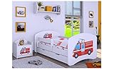 BDW Kinderbett mit Matratze und Bettkasten - NEU, 140/160/180/190 Verschiedene Motive Für Junge Weiß (Feuerwehr, 140x70)