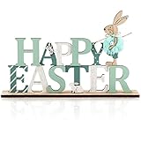 com-four® Deko Aufsteller für Ostern - Schriftzug mit niedlichen Osterhasen - Osterdeko zum Hinstellen - Osterdekoration aus Holz mit Glöckchen (1 Stück - Hase und Schmetterling)