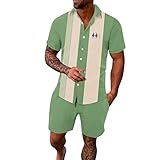 Vintage Anzug Männer Herren Frühling/Sommer Freizeit Sport Hawaii Beach Style Stitching Stripe Print Kurzarm Hemdhose Zweiteiliges Set Track Set